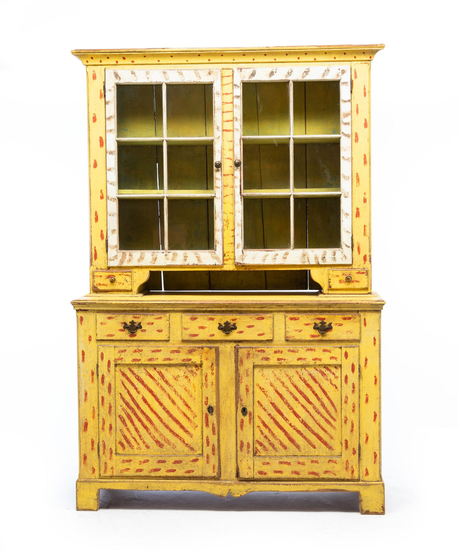 AMERICAN PAINT-DECORATED CHERRY STEPBACK CUPBOARD. (1 of 9)