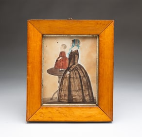 DIMINUTIVE FOLK ART WATERCOLOR PORTRAIT OF MOTHER AND CHILD.