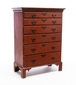 AMERICAN CHIPPENDALE RED-PAINTED MAPLE SIX-DRAWER CHEST.
