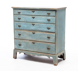 AMERICAN CHIPPENDALE BLUE-PAINTED PINE TWO-DRAWER MULE CHEST.