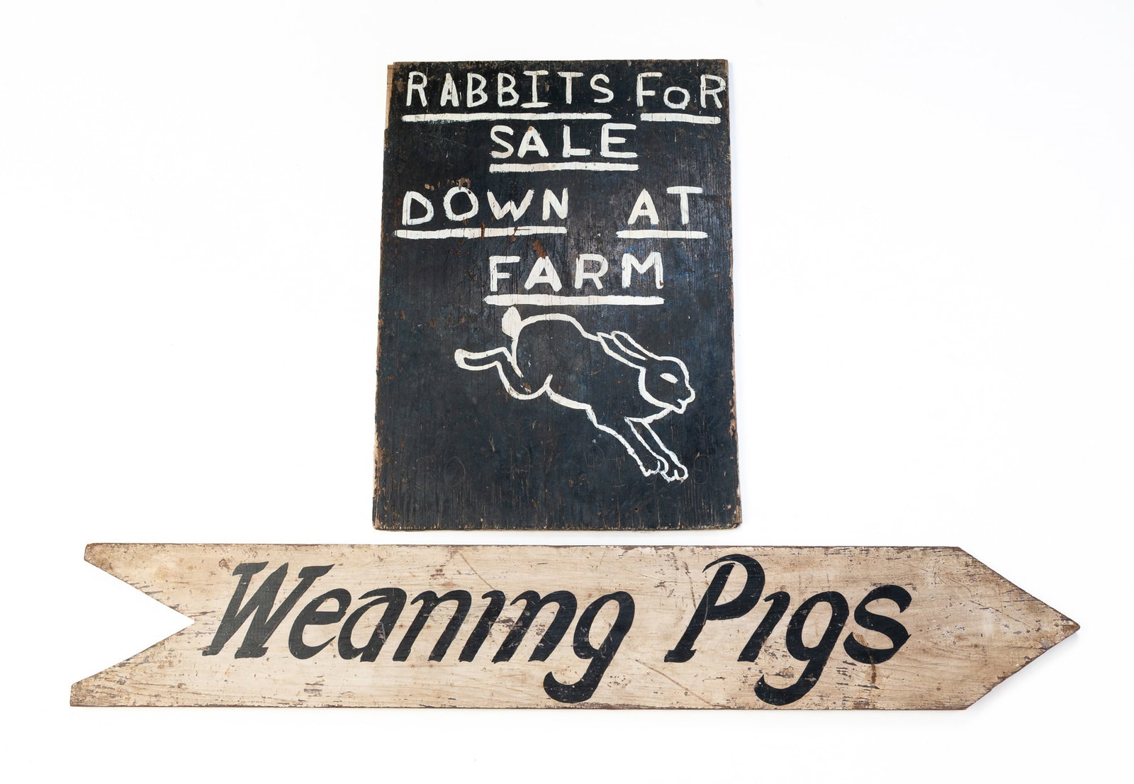 AMERICAN PAINTED "WEANING PIGS" DOUBLE-SIDED ARROW-FORM FARM SIGN PLUS "RABBITS FOR SALE" SIGN. (1 of 4)
