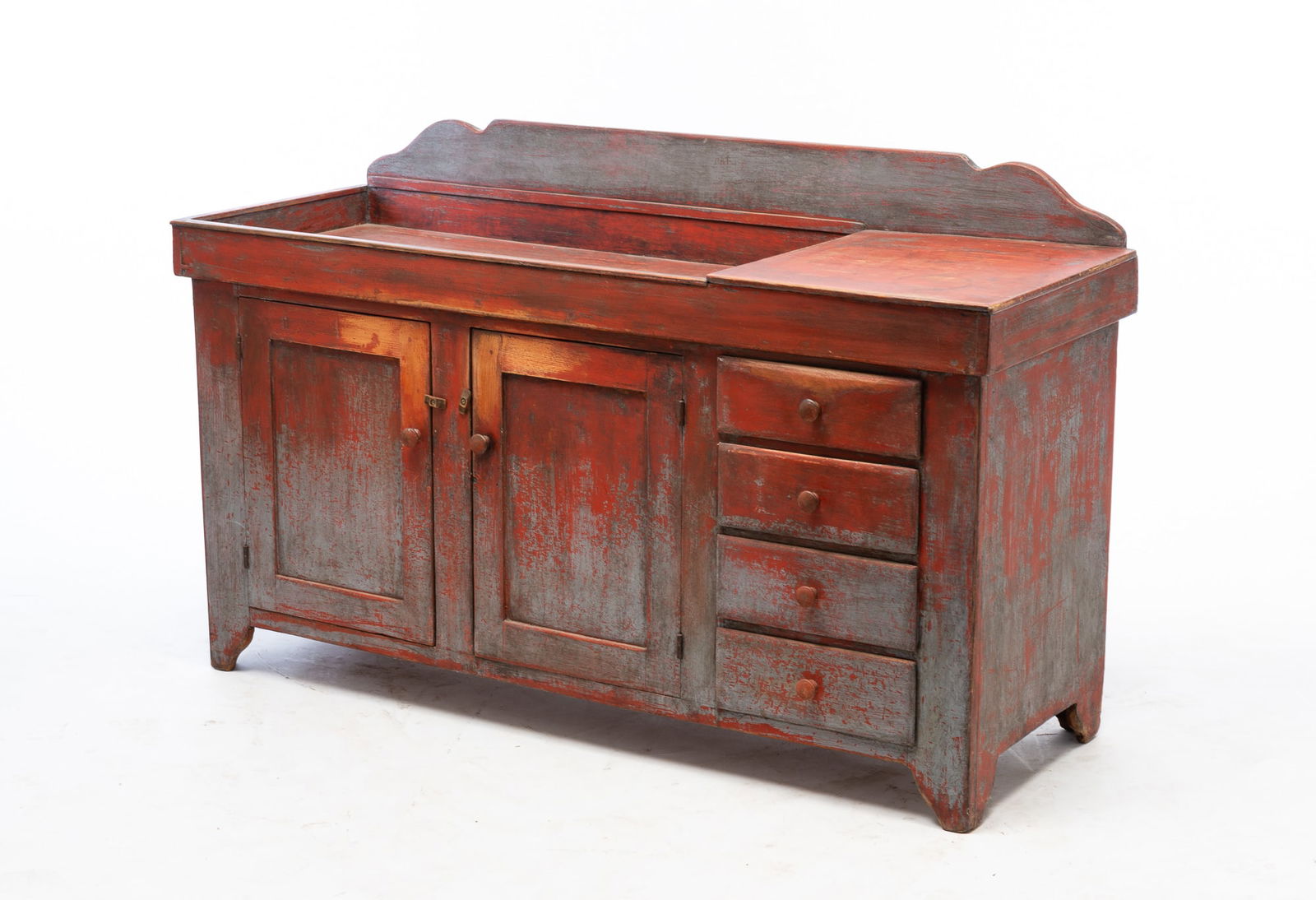AMERICAN RED AND BLUE-PAINTED POPLAR DRY SINK. (1 of 8)