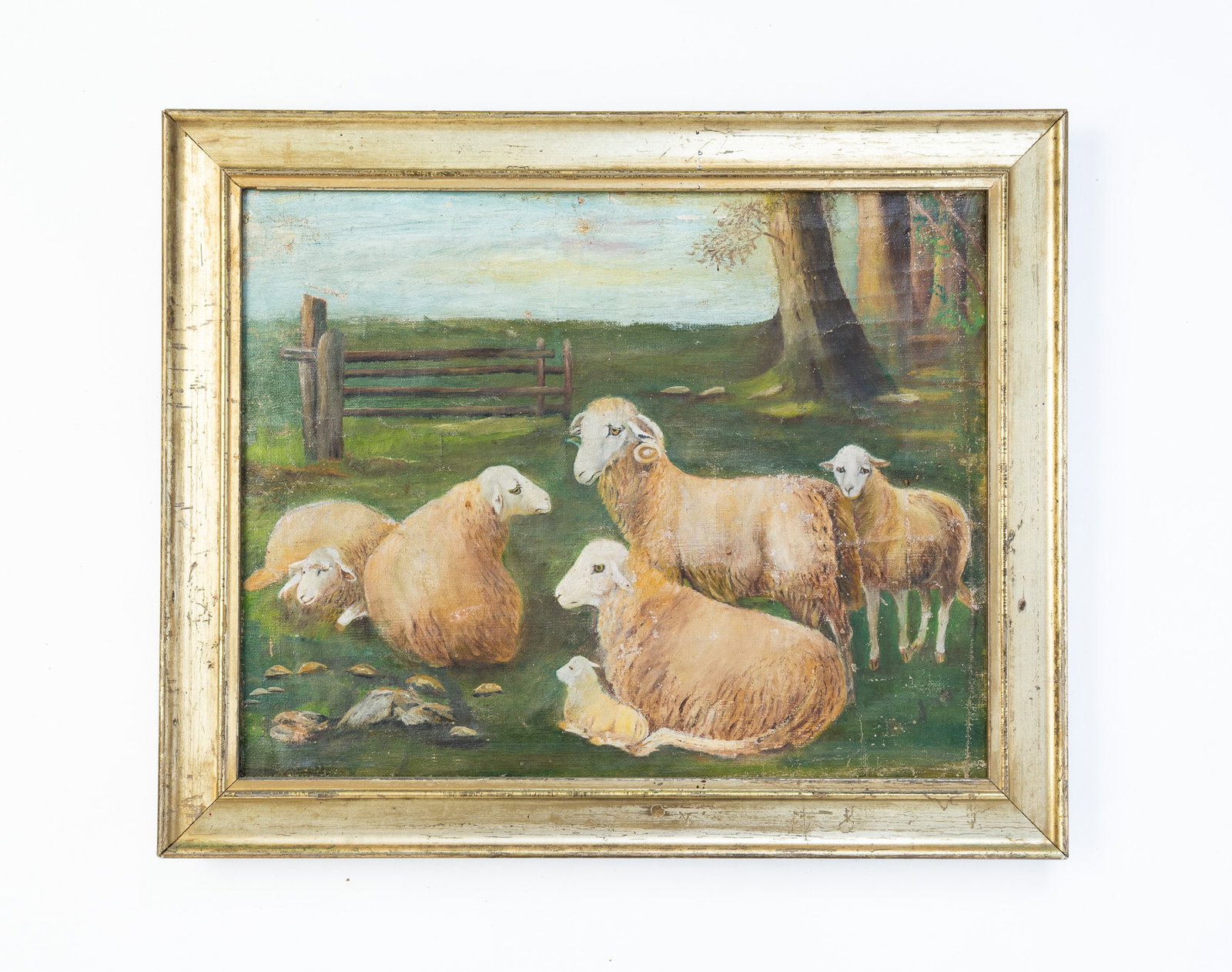 AMERICAN SCHOOL FOLK ART OIL ON CANVAS OF SHEEP IN PASTURE. (1 of 3)