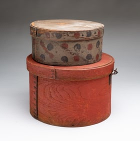 TWO AMERICAN PAINTED BENTWOOD PANTRY BOXES, INCL. POLKA DOT EXAMPLE.