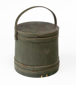 LARGE AMERICAN GREEN-PAINTED, STAVED, AND FINGER-LAPPED FIRKIN.