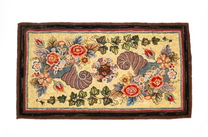 LARGE AMERICAN FOLK ART HOOKED RUG WITH FLOWER-FILLED CORNUCOPIAS.