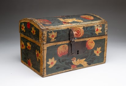 EUROPEAN FOLK ART POLYCHROME-DECORATED BEECH DOME-TOP BOX.