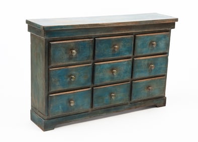 AMERICAN BLUE-PAINTED WALNUT AND POPLAR NINE-DRAWER APOTHECARY CABINET.