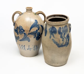 AMERICAN COBALT-DECORATED STONEWARE FOUR-GALLON DOUBLE-HANDLED JUG PLUS CHURN.