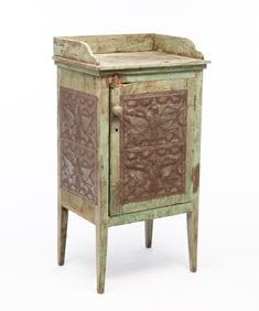 SMALL AMERICAN HEPPLEWHITE GREEN-BLUE PAINTED PINE AND POPLAR SIX-TIN PIE SAFE.