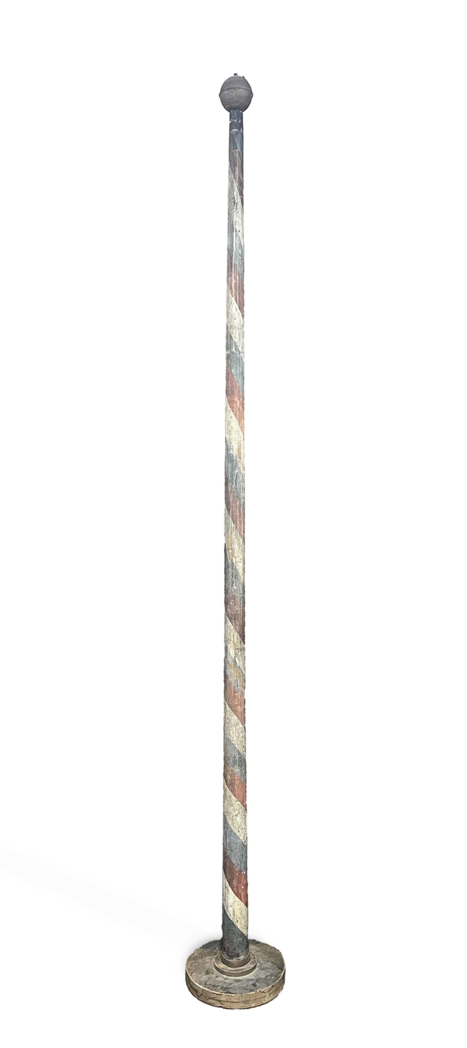 MONUMENTAL AMERICAN BRASS-MOUNTED AND PAINT-DECORATED PINE BARBER POLE. (1 of 4)
