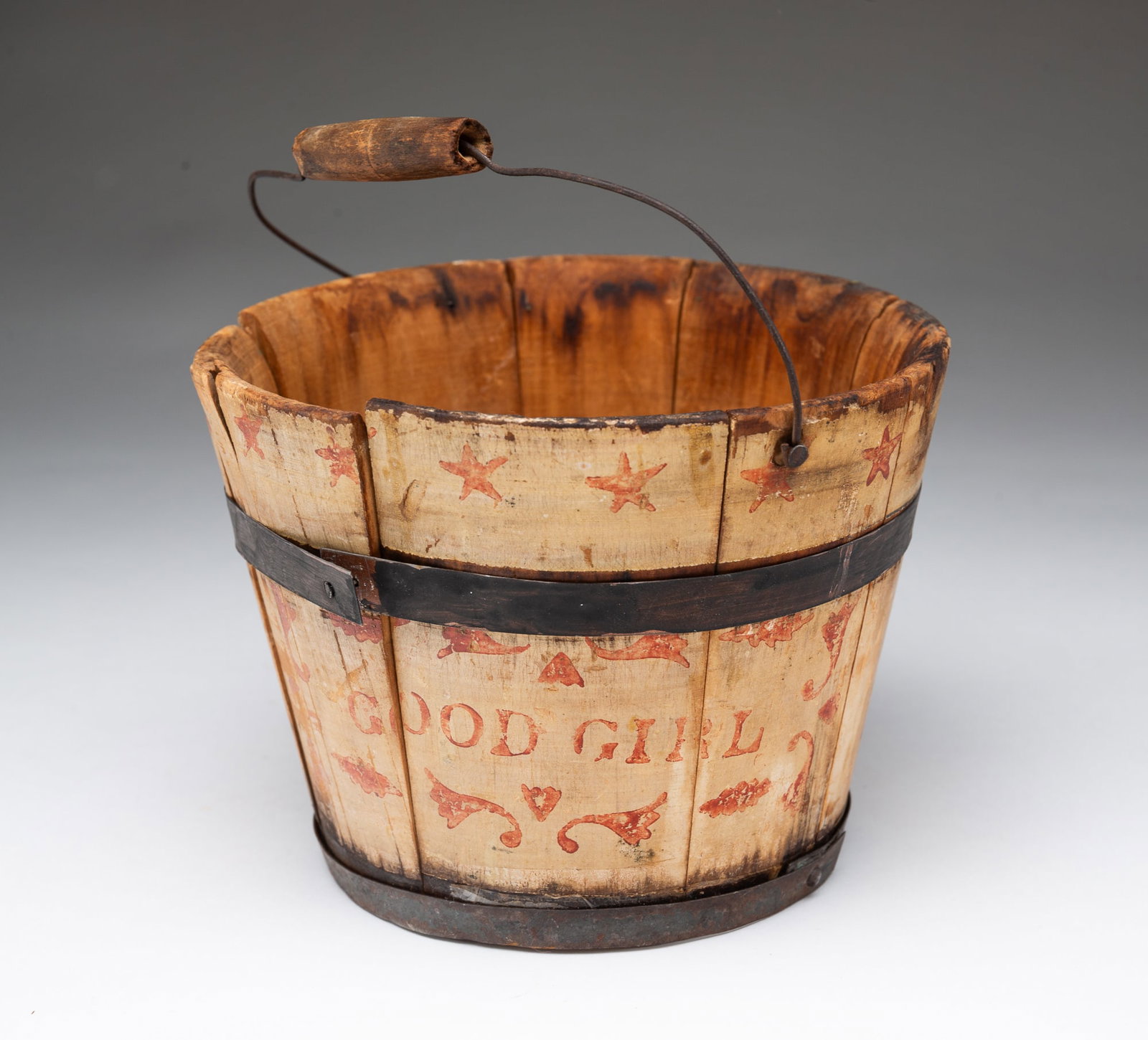 AMERICAN PAINT-DECORATED AND STAVED "GOOD GIRL" BERRY BUCKET (MINIATURE PAIL). (1 of 4)