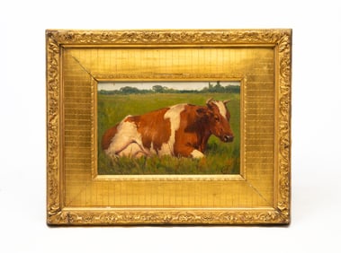 BELGIAN OIL PAINTING OF RECUMBENT COW IN PASTURE.