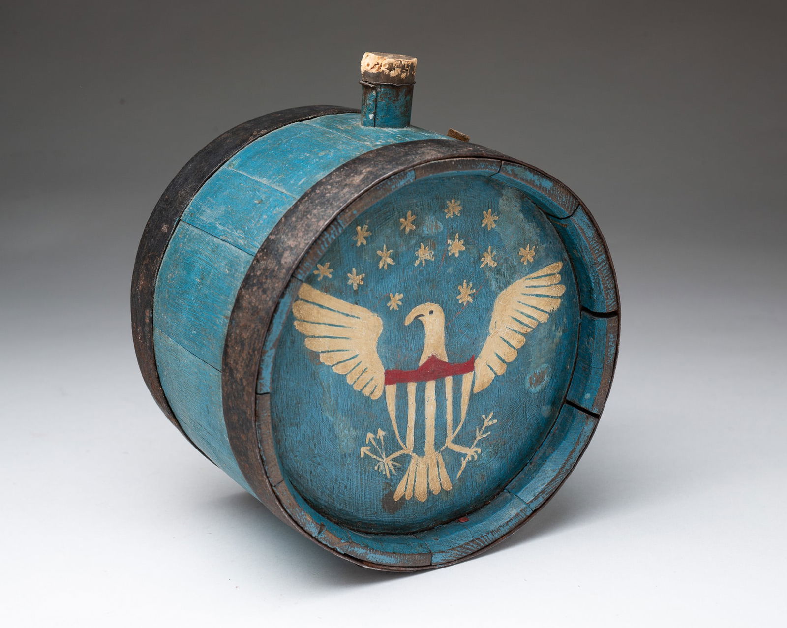 AMERICAN FOLK ART PAINT-DECORATED AND STAVED OAK PATRIOTIC CANTEEN. (1 of 4)