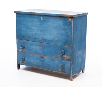 AMERICAN BLUE-PAINTED PINE TWO-DRAWER MULE CHEST.
