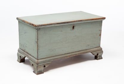 MINIATURE AMERICAN CHIPPENDALE STYLE BLUE-PAINTED PINE BLANKET CHEST.