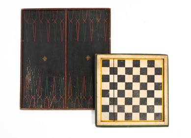 TWO AMERICAN PAINT-DECORATED DOUBLE-SIDED GAMEBOARDS.