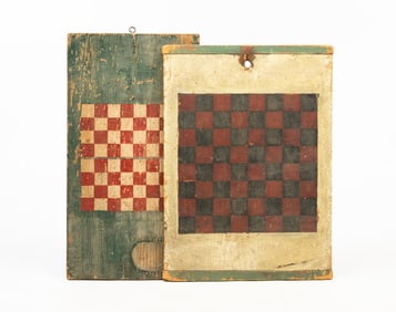TWO AMERICAN PAINT-DECORATED PINE GAMEBOARDS, INCL. DOUBLE-SIDED EXAMPLE.