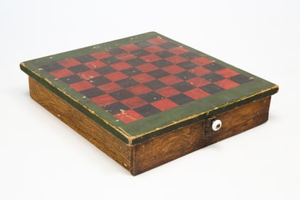 AMERICAN PAINT-DECORATED POPLAR GAMEBOARD WITH DRAWER.