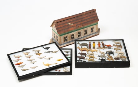 GERMAN PAINT-DECORATED NOAH'S ARK TOY WITH NINETY-TWO CARVED ANIMALS AND FIGURES.