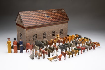 GERMAN PAINT-DECORATED NOAH'S ARK TOY WITH SEVENTY-SIX CARVED ANIMALS AND FIGURES.