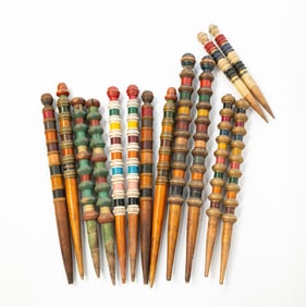 SEVEN PAIRS OF AMERICAN PAINT-DECORATED CROQUET STAKES.