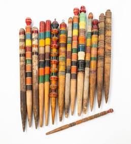 FIFTEEN AMERICAN PAINT-DECORATED CROQUET STAKES, INCL. FIVE PAIRS.