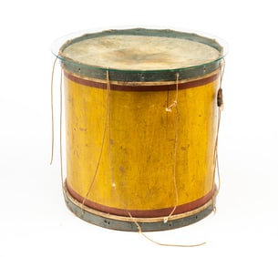 LARGE AMERICAN RED, YELLOW, AND BLUE-PAINTED BENTWOOD DRUM WITH U.S. ARSENAL ON SCHUYLKILL INVOICE,