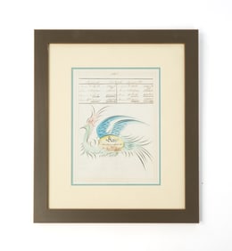 AMERICAN INK AND WATERCOLOR DOUBLE-SIDED NAVIGATIONAL EXERCISE WITH CALLIGRAPHY DRAWING OF PHOENIX.