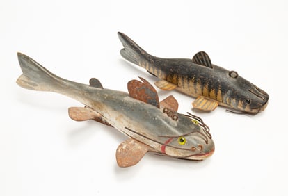 TWO AMERICAN CARVED AND PAINTED CATFISH ICE FISHING DECOYS.