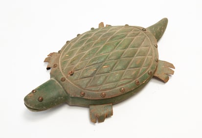 AMERICAN FOLK ART CARVED AND PAINTED TURTLE ICE FISHING DECOY.