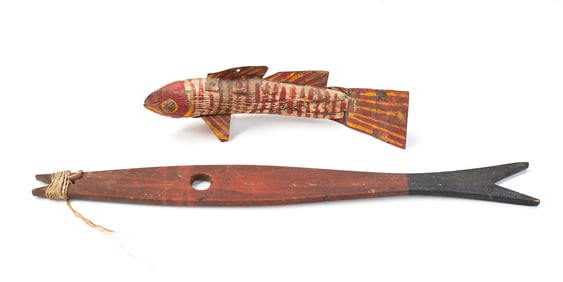 AMERICAN FOLK ART CARVED AND PAINTED ICE FISHING DECOY PLUS FISH-SHAPED LINE WINDER.