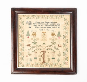 MARY POTTER (ENGLISH) NEEDLEWORK ADAM AND EVE SAMPLER, DATED 1829.