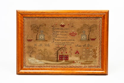 ENGLISH NEEDLEWORK SAMPLER RECORDING THE DEATH OF H.M. WROOT, DATED 1844.