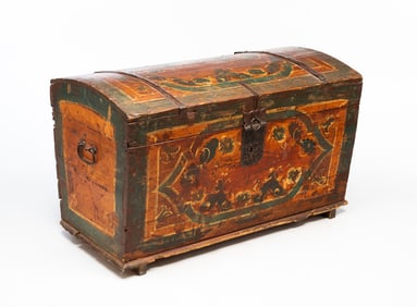 EUROPEAN IRON-MOUNTED AND POLYCHROME-DECORATED PINE BLANKET CHEST.