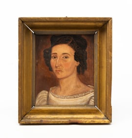 ATTRIBUTED TO SHELDON PECK (AMERICAN, 1797-1868) FOLK ART OIL ON BOARD PORTRAIT OF A WOMAN.
