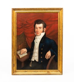 AMERICAN SCHOOL FOLK ART OIL ON CANVAS PORTRAIT OF A FREEMASON.