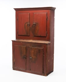 PENNSYLVANIA RED-PAINTED PINE STEPBACK CUPBOARD.