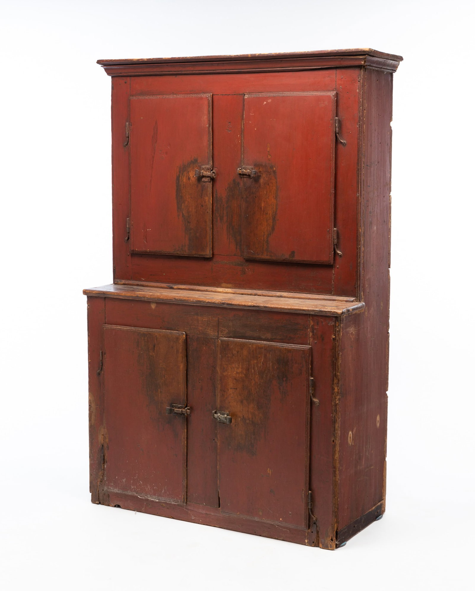 PENNSYLVANIA RED-PAINTED PINE STEPBACK CUPBOARD. (1 of 9)