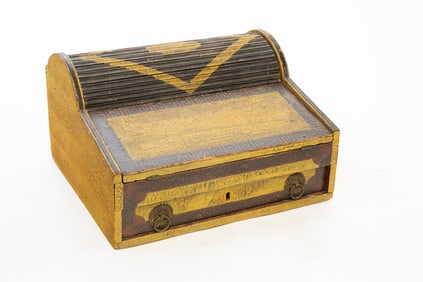 UNUSUAL NEW ENGLAND PAINT-DECORATED POPLAR AND PINE TAMBOUR LAP DESK WITH DRAWER.