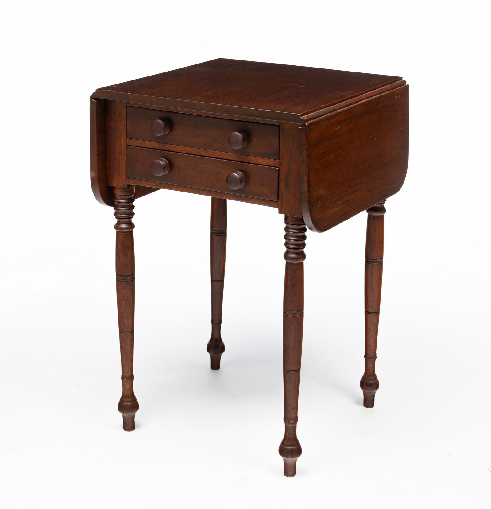 AMERICAN SHERATON MAHOGANY TWO-DRAWER DROP-LEAF SEWING STAND. (1 of 6)