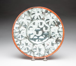 UNUSUAL AMERICAN PAINTED TIN HANGING WALL SCONCE WITH BUBBLE REFLECTORS AND ORIGINAL RED PAINT.