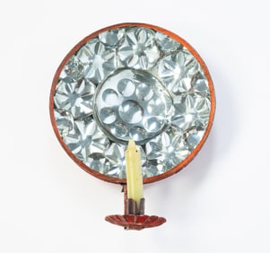 UNUSUAL AMERICAN PAINTED TIN HANGING WALL SCONCE WITH BUBBLE REFLECTORS AND ORIGINAL RED PAINT.