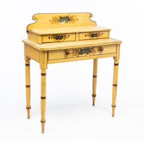 NEW ENGLAND SHERATON BUFF-PAINTED AND STENCIL-DECORATED PINE DECKTOP DRESSING TABLE.