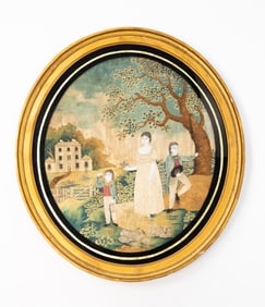 FINE ENGLISH SILK NEEDLEWORK WITH PAINTED FIGURES.