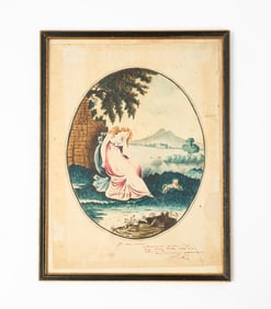 ENGLISH FOLK ART WATERCOLOR OF A WISTFUL MAIDEN AND HER DOG.