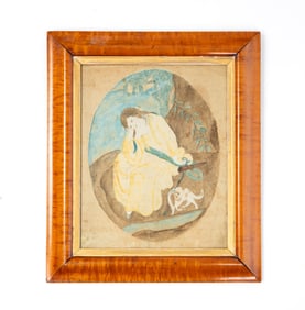 AMERICAN SCHOOL WATERCOLOR OF YOUNG GIRL WITH DOG.