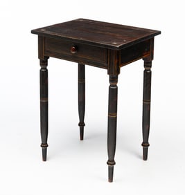 AMERICAN SHERATON GRAIN-PAINTED AND GILT STENCILED PINE ONE-DRAWER STAND.