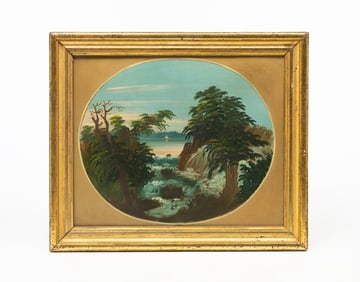 WILLIAM MATTHEW PRIOR (AMERICAN, 1806-1873) FOLK ART "DEAD RIVER FALLS, ME" OIL ON PAPERBOARD