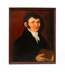 THOMAS WARE (VERMONT, 1803-1826) FOLK ART OIL ON PANEL PORTRAIT OF A GENTLEMAN WITH A BOOK.